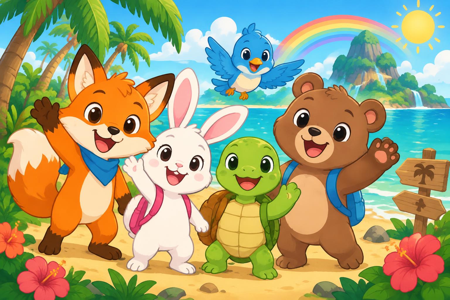 The Littles characters waving on a sunny island